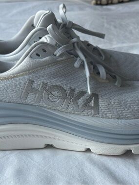 Hoka White and Light Gray Cushioned Running Shoe